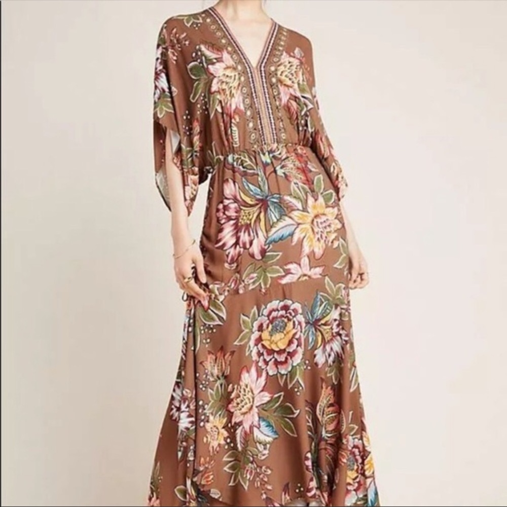 Anthropologie Farm Rio Valentina Brown Floral Maxi Dress